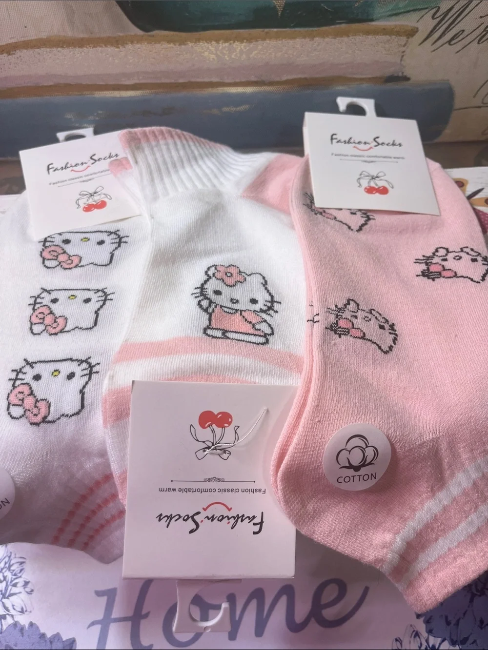 Kids Cute Cat Pattern Socks - Pink & White